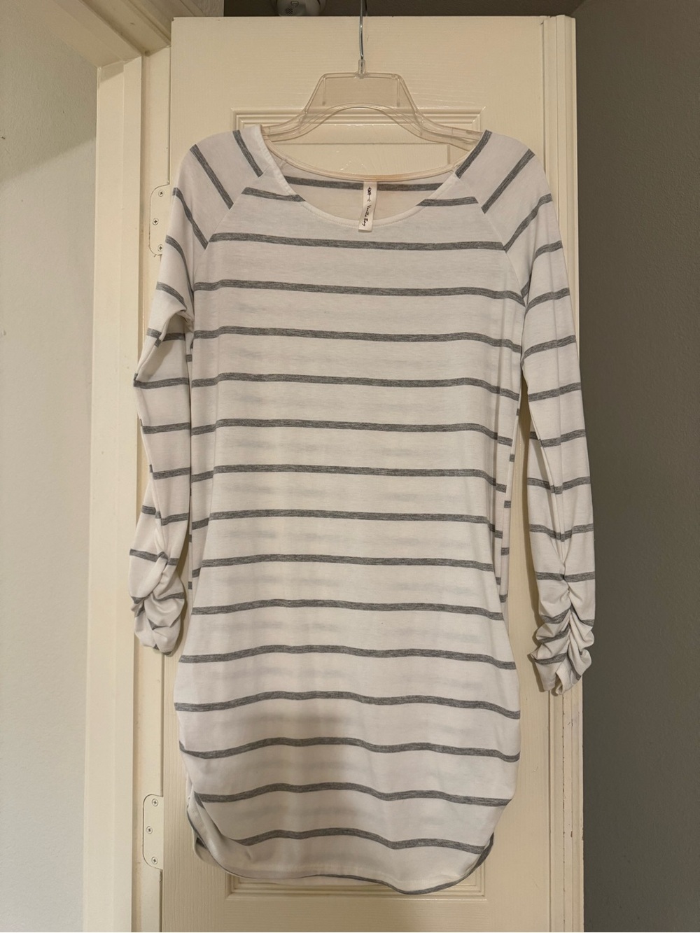 Vanilla Bay White and Gray Striped Tunic Top